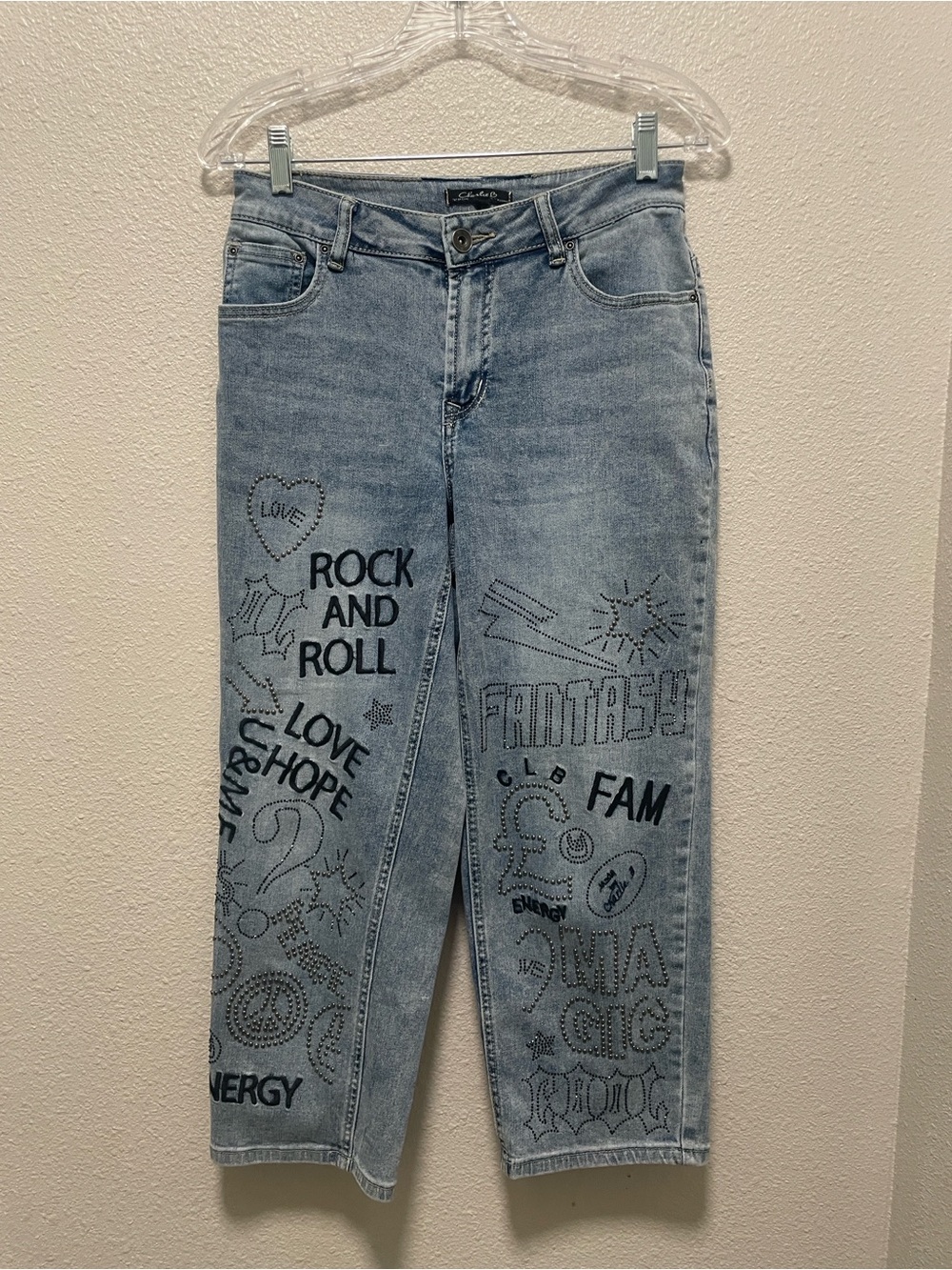 CHARLIE B Light Blue Denim Cropped Jeans with Black Graphic Prints